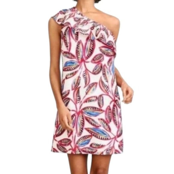 J. Crew Womens S One Shoulder Linen Blend‎ Leaf Print Sheath Dress - Picture 1 of 14